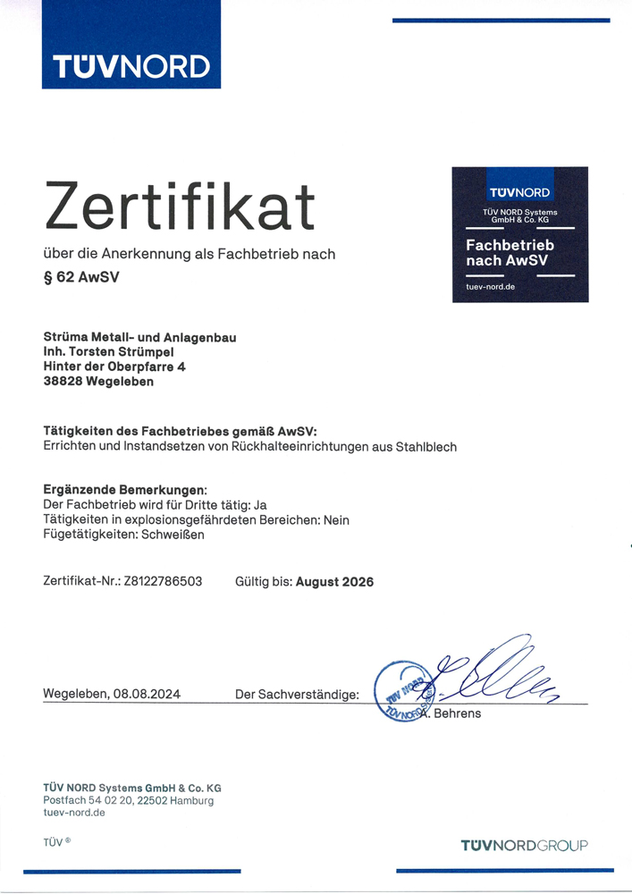 Strüma Anlagenbau und Metallbau - WHG-Zertifikat