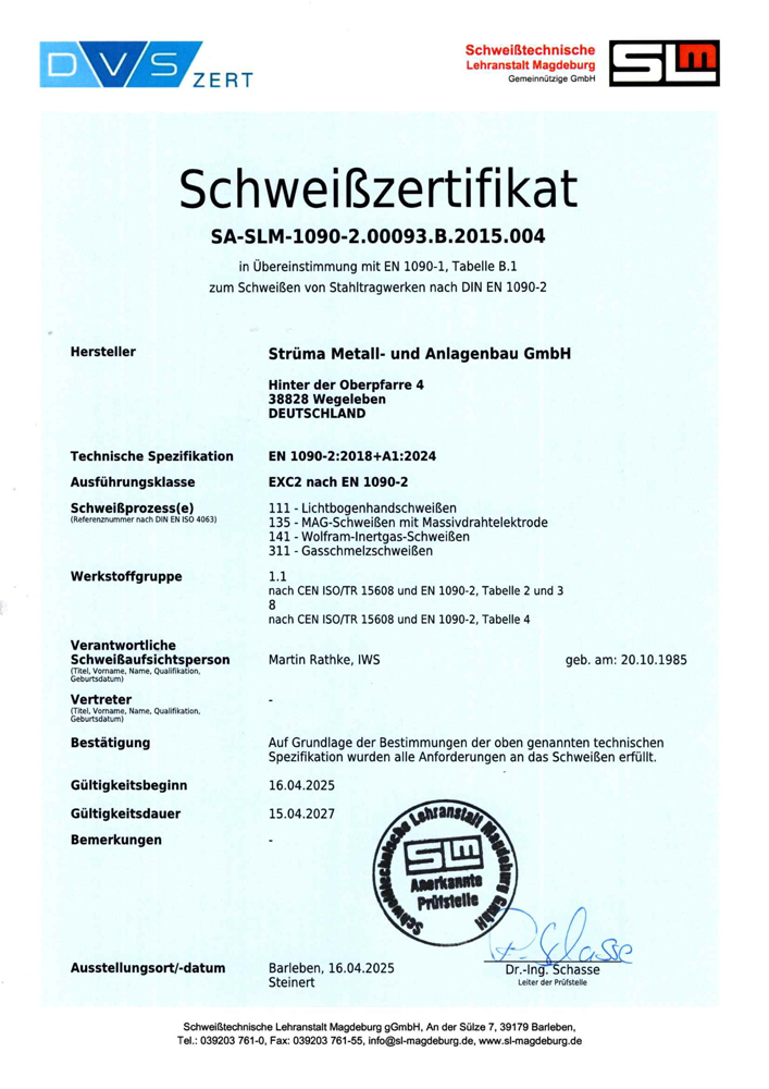 Strüma Anlagenbau und Metallbau - Zertifikat_EXC2